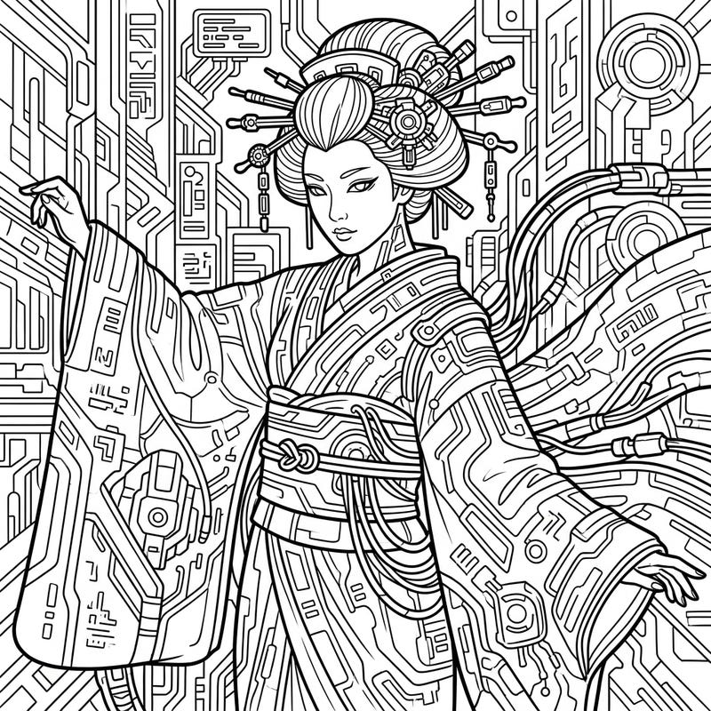 Experience a captivating fusion of tradition and technology with this unique Geisha Kimono Cyberpunk coloring page. Unleash your creativity on intricate patterns blending ancient elegance with futuristic flair.