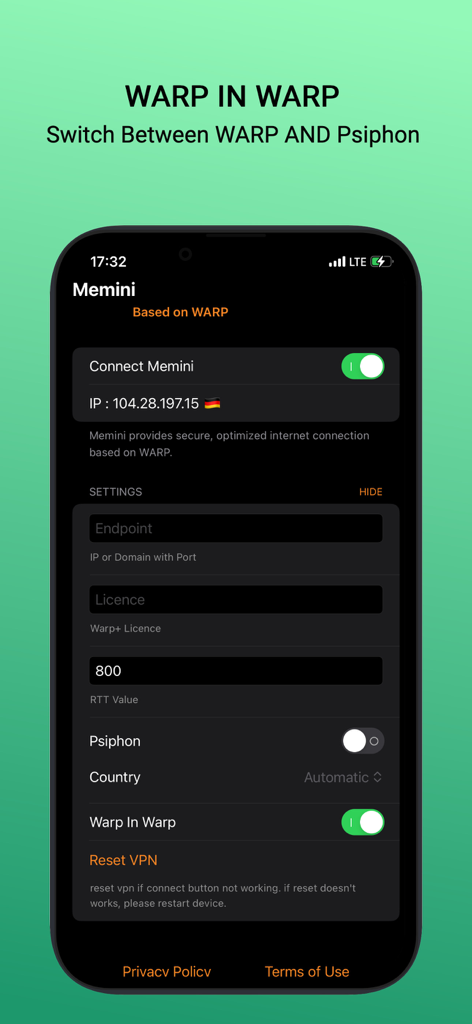 Memini VPN: Warp - Memini VPN App-Oberfläche, die WARP- und Psiphon-Tunneling-Einstellungen und den Verbindungsstatus anzeigt