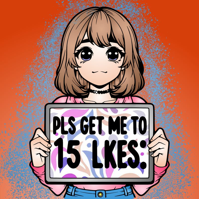 realistic girl holding up a sign that says “pls get me to 15 likes!”