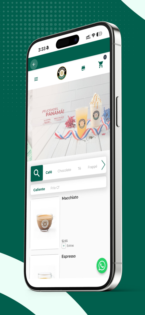 Mobile application interface of Kotowa Coffee House showing a menu of coffee drinks and promotional banner