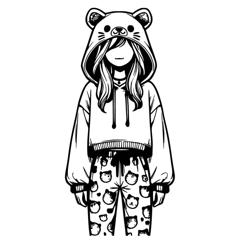 realistic girl wearing animal pj's oversized hoodie crop top and leggings full body picture