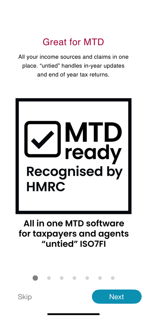 "untied" - personal tax app - Captura de tela do aplicativo móvel untied mostrando o reconhecimento da HMRC e a prontidão do MTD para declarações de impostos do Reino Unido
