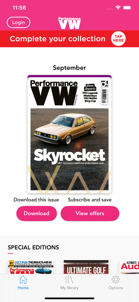 Performance VW app home screen featuring a digital magazine cover of a modified gold Mk1 Scirocco