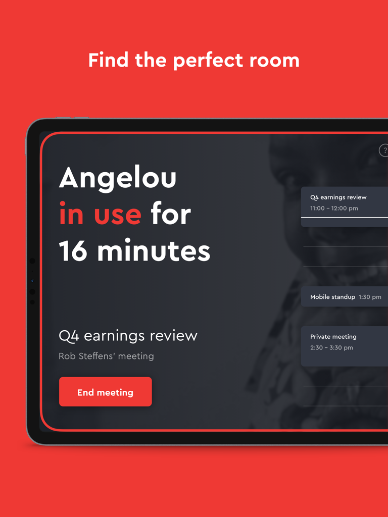 Envoy Rooms - Envoy Rooms iPad display showing a conference room in use with meeting details and an end meeting button
