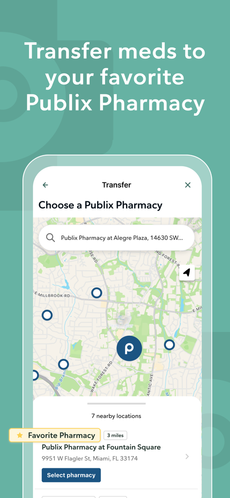 Transfer prescriptions screen on the Publix Pharmacy app featuring a map of nearby store locations