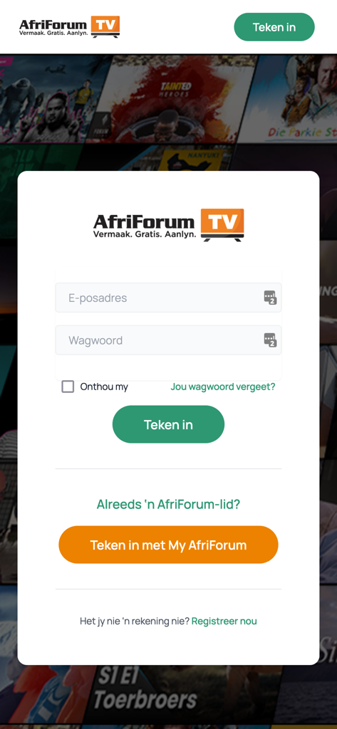 AfriForumTV - AfriForumTV login screen with email and password fields in Afrikaans
