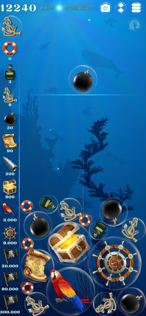 Captura de pantalla de la jugabilidad del juego de rompecabezas Magic Alchemist Under the Sea con objetos submarinos en burbujas.