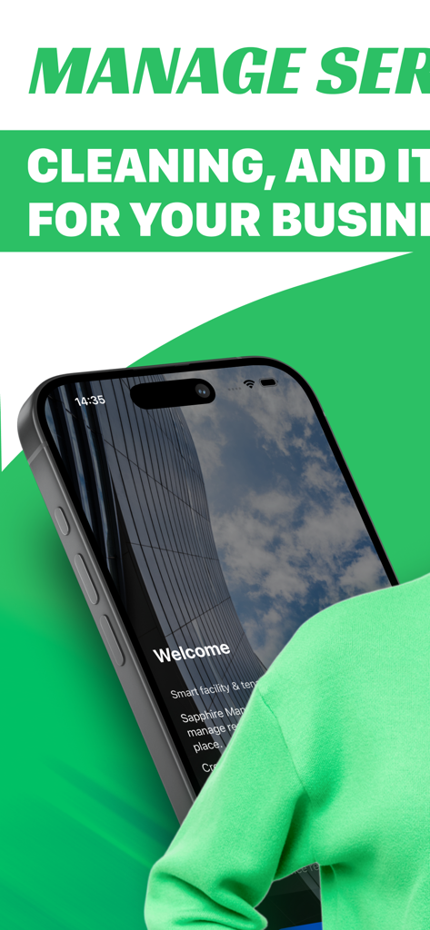 Smartphone displaying the welcome screen of the Sapphire Management App for facility and tenant management