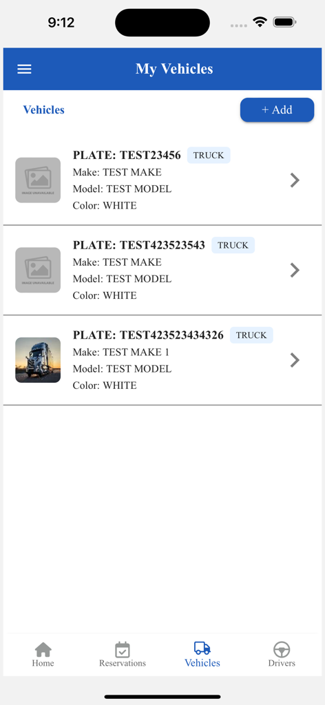 Safe Truck Parking - A list of registered vehicles showing license plate numbers and truck models in the Safe Truck Parking app