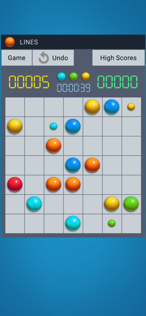 Color Lines 98 classic balls puzzle game board with colorful balls on a grid