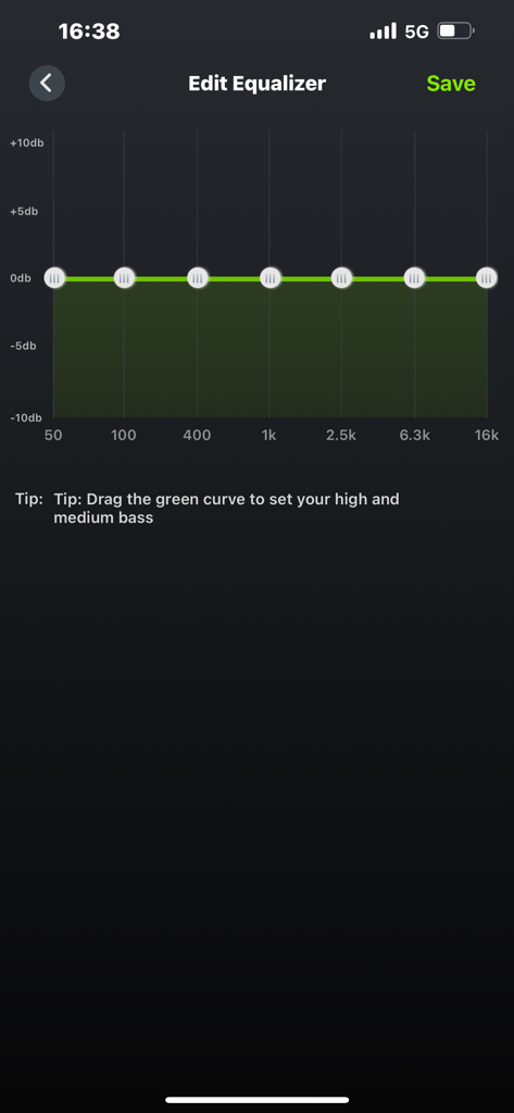 Custom equalizer editor screen in the oraimo sound app showing adjustable frequency bands from 50Hz to 16kHz.