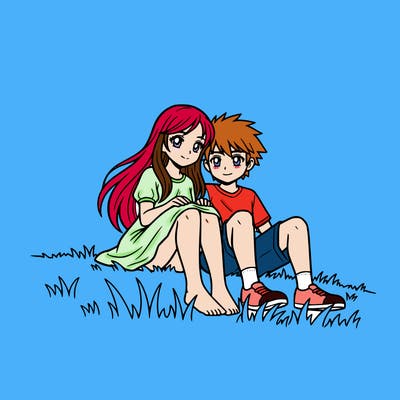 a anime girl with a boy sitting close to her
