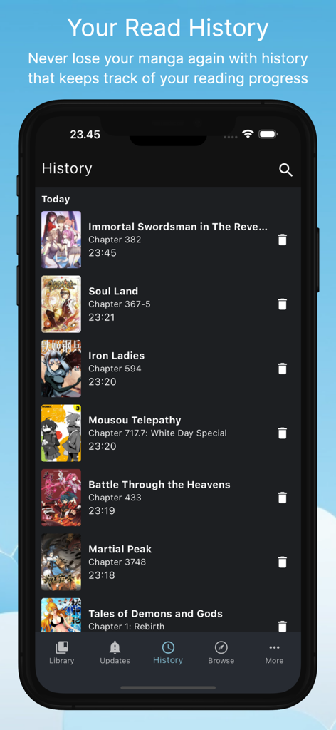 Shimoe Manga Readerアプリの読書履歴ページに様々なマンガタイトルとチャプターが表示されているスマートフォンの画面