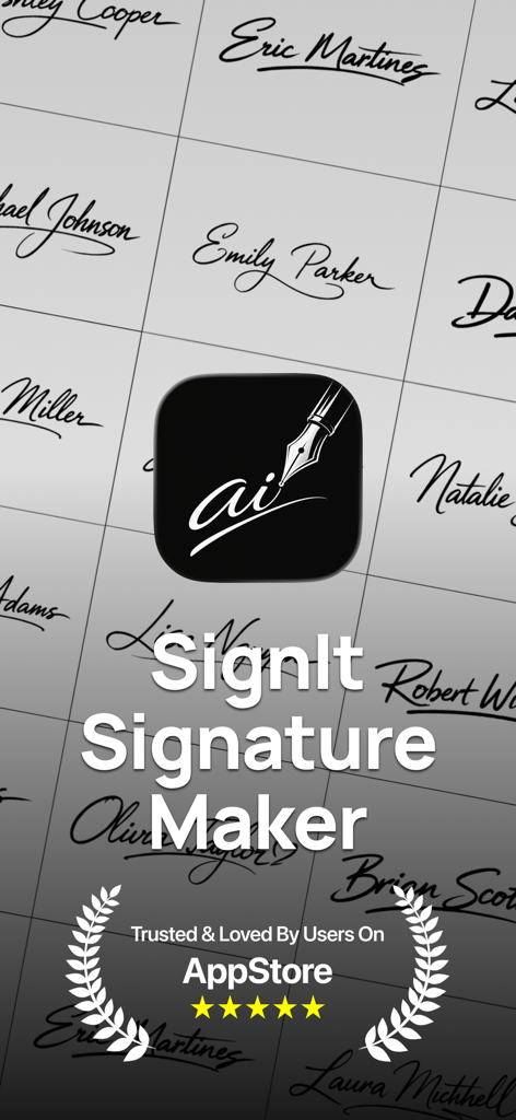 Signature Maker - SignIt AI - SignIt Signature Maker app introduction screen showcasing diverse AI generated signature styles and a 5-star rating from the App Store
