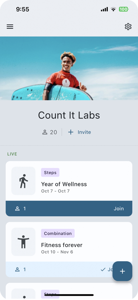 Count.It Journey - Dashboard of the Count.It Journey app displaying active corporate wellness challenges for a group named Count It Labs.