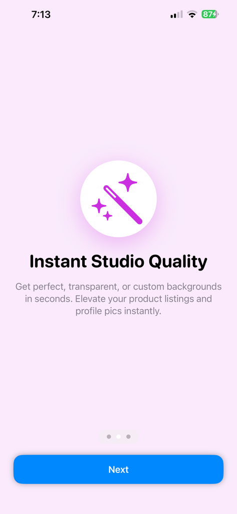 Remove Background - Removr - Schermata di onboarding dell'app Removr che presenta la funzione di qualità studio istantanea per la rimozione dello sfondo