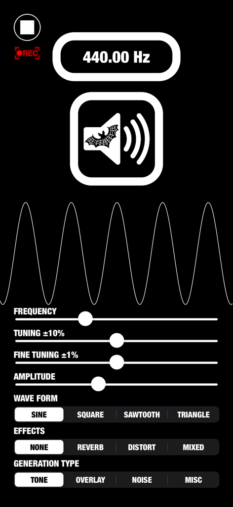 Black Audio Tool - B.A.T - Black Audio Tool app interface with sine wave visualization and tone controls