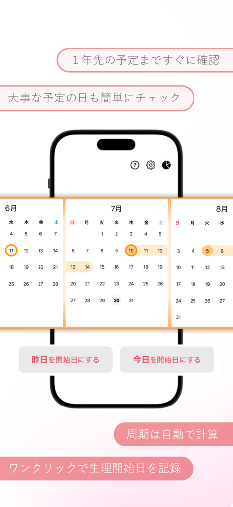 シンプルな生理管理アプリ  -  period. - Interfaz de una aplicación minimalista de seguimiento de período que muestra una vista de calendario de tres meses y botones de registro de ciclo.