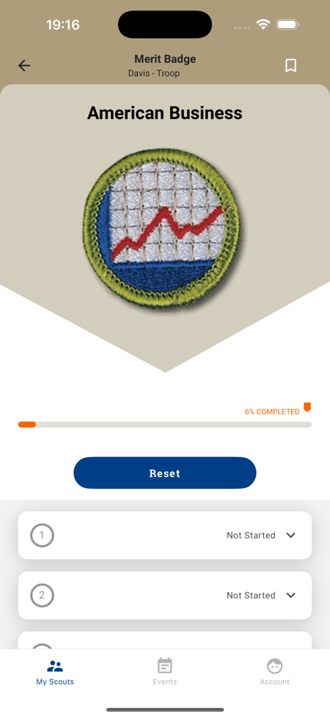 Scouting - A screen showing progress tracking for the American Business merit badge in the Scouting app