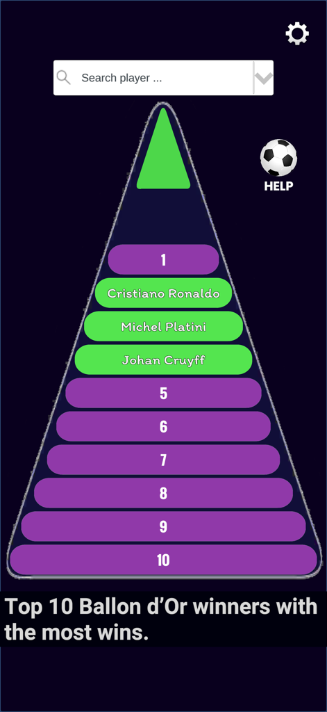 Football Quiz: 10 Guess - Football trivia game screen showing a pyramid ranking for the top ten Ballon d Or winners with the most wins