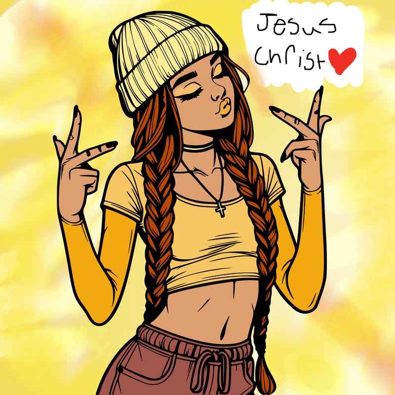 realistic teenage girl with braids and a beanie and crop top doing 🫶🏼