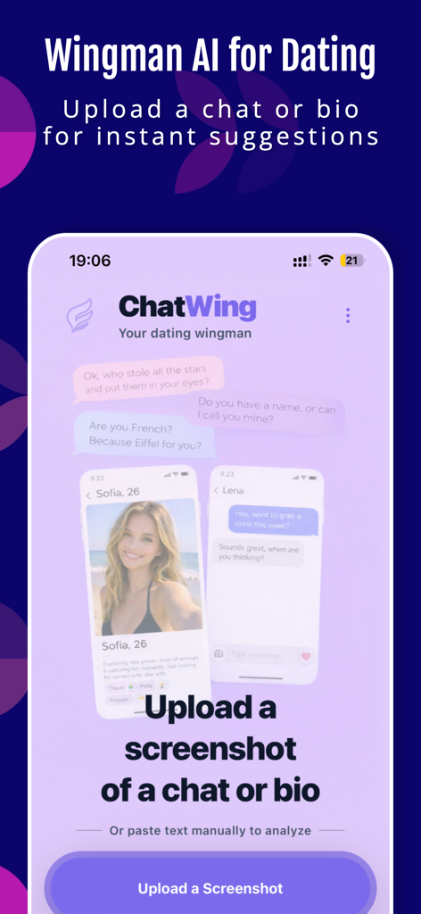 Wingman AI: ChatWing - Interface do aplicativo Wingman AI ChatWing mostrando opções para enviar capturas de tela de conversas de namoro para sugestões de resposta instantâneas