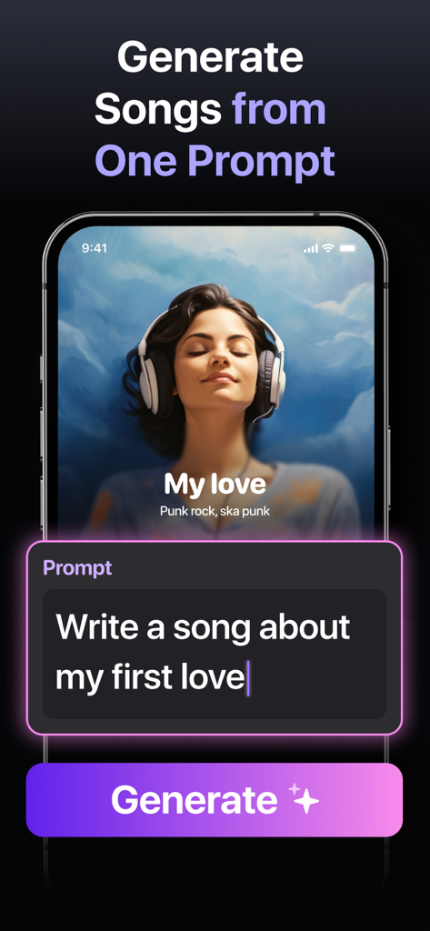 AI Song Music Generator: Muzio - Muzio app interface showing a user prompt to generate a song from text