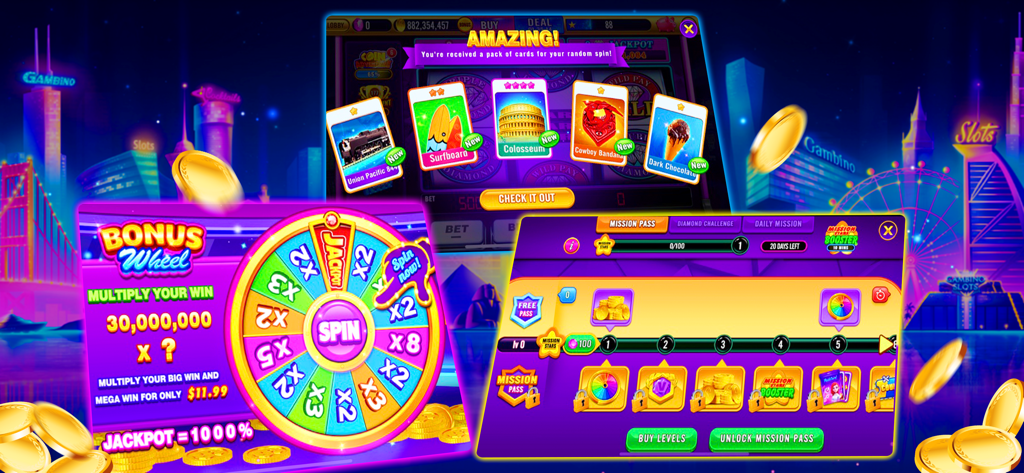 Double Rich！Vegas Casino Slots - Pantalla de juego de ¡Doble de Suerte! Slots de Casino de Las Vegas que muestra la rueda de bonificación y las recompensas del pase de misión.