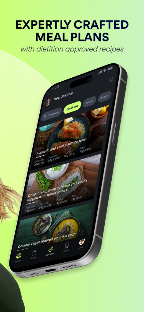 Avida: 1-on-1 Fitness Coach - Interface de nutrição do aplicativo Avida mostrando planos de refeição aprovados por nutricionista e rastreamento de calorias.