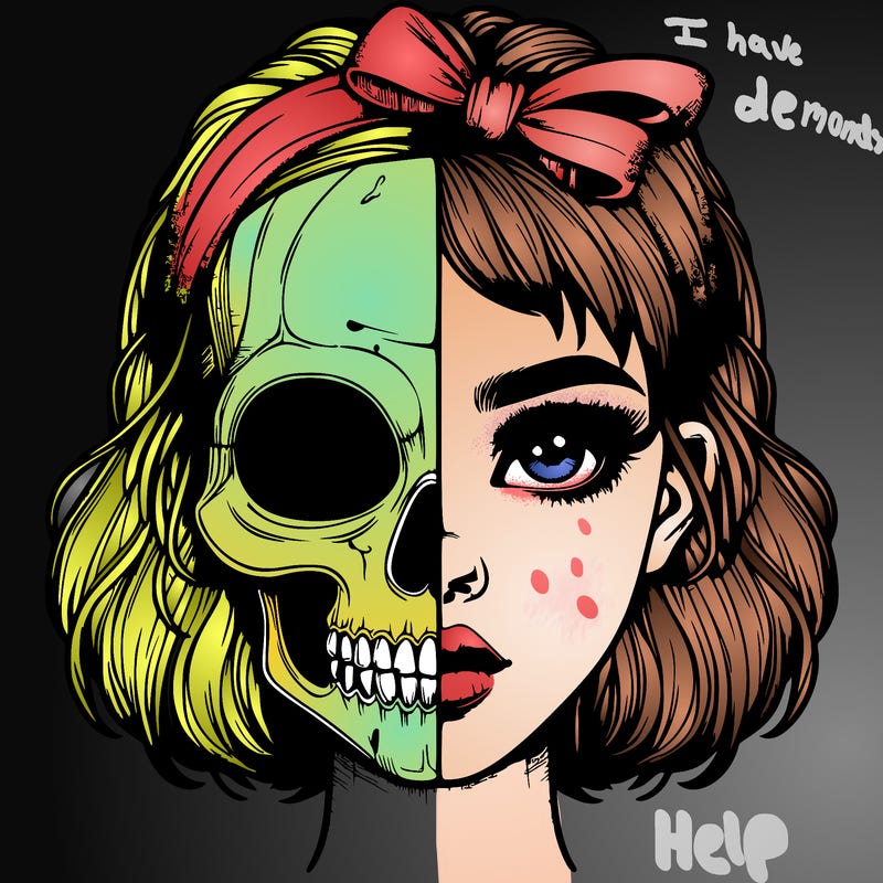 realistic girl with half skull mask