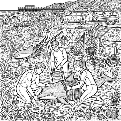 Immerse yourself in the emotional world of marine conservation with this intricate adult coloring page. Depicting a vital dolphin rescue, it offers a challenging and rewarding creative escape.