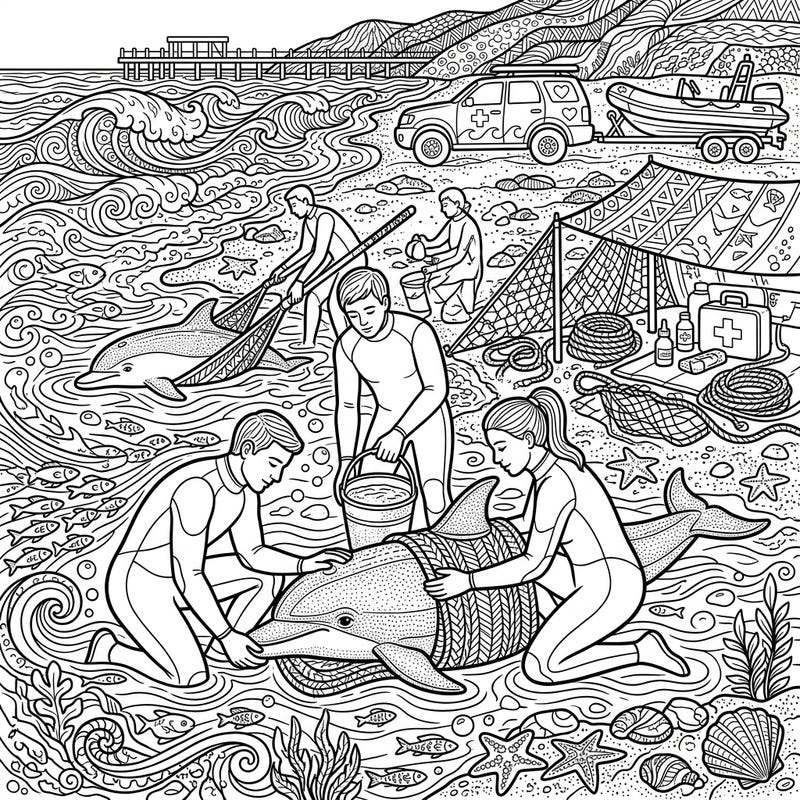 Immerse yourself in the emotional world of marine conservation with this intricate adult coloring page. Depicting a vital dolphin rescue, it offers a challenging and rewarding creative escape.