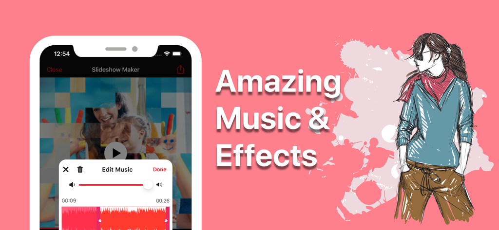 Oberfläche einer mobilen Diashow-App, die die Musikbearbeitungsfunktion mit einem Wiedergabe-Button und einer Zeitleiste zeigt.