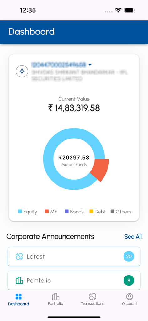 El panel de control de CDSL MyEasi mostrando el valor total del portafolio y un gráfico de distribución de activos.