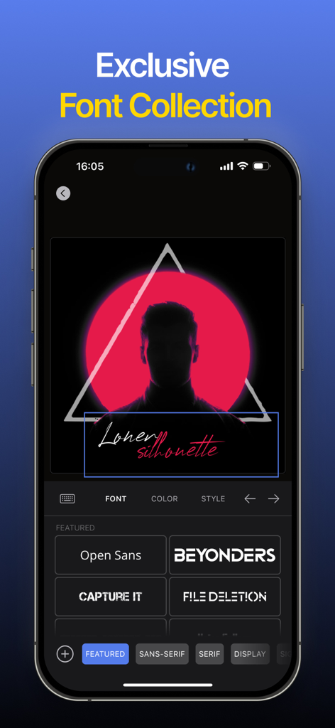 Interface do aplicativo FIBE mostrando a coleção exclusiva de fontes para criar arte de capa de álbum personalizada