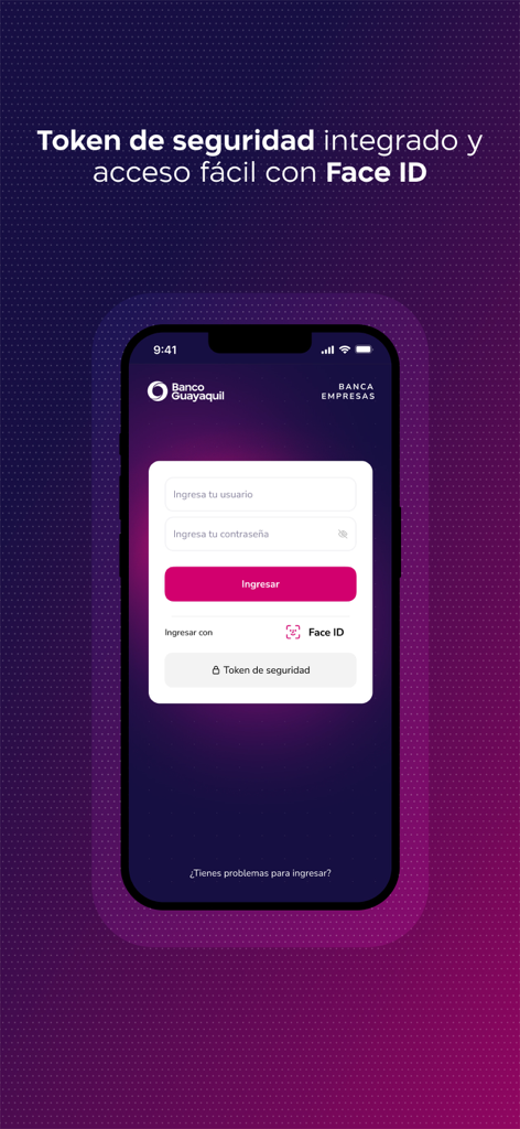 Empresas Banco Guayaquil - Login screen of the Banco Guayaquil business app featuring Face ID and security token authentication.