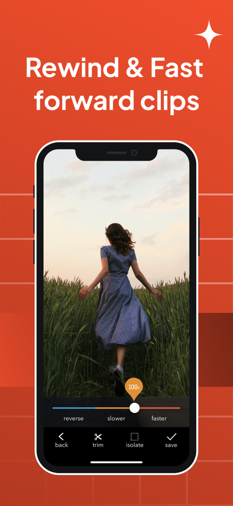 Interface do aplicativo Slo Mo mostrando um mostrador de ajuste de velocidade para retroceder ou avançar rapidamente um clipe de vídeo de uma mulher em um campo.