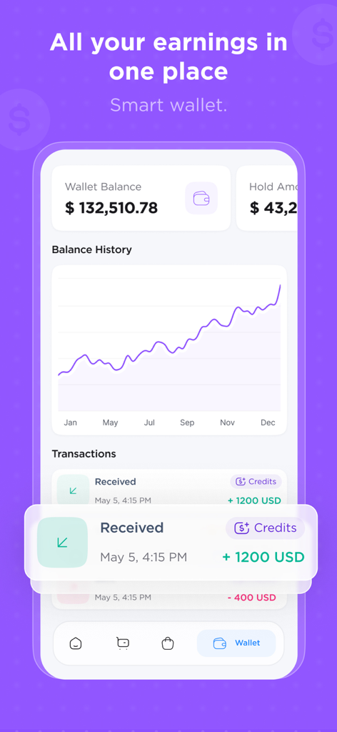 COD Partner - Mobile app dashboard showing wallet balance and earnings history for e-commerce sellers