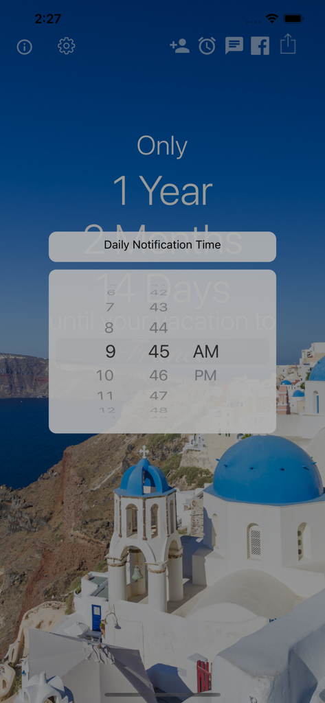 Einstellen einer täglichen Benachrichtigungserinnerung in der Urlaubs-Countdown-App mit einem wunderschönen Urlaubshintergrund.