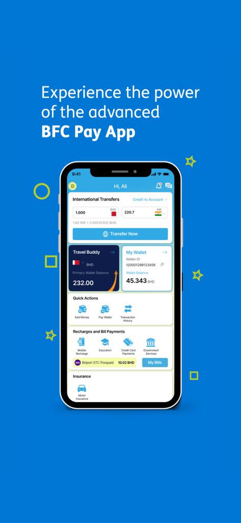 BFC Pay - BFC Payモバイルアプリのインターフェース。国際送金、デジタルウォレット残高、請求書支払いサービスが表示されています。