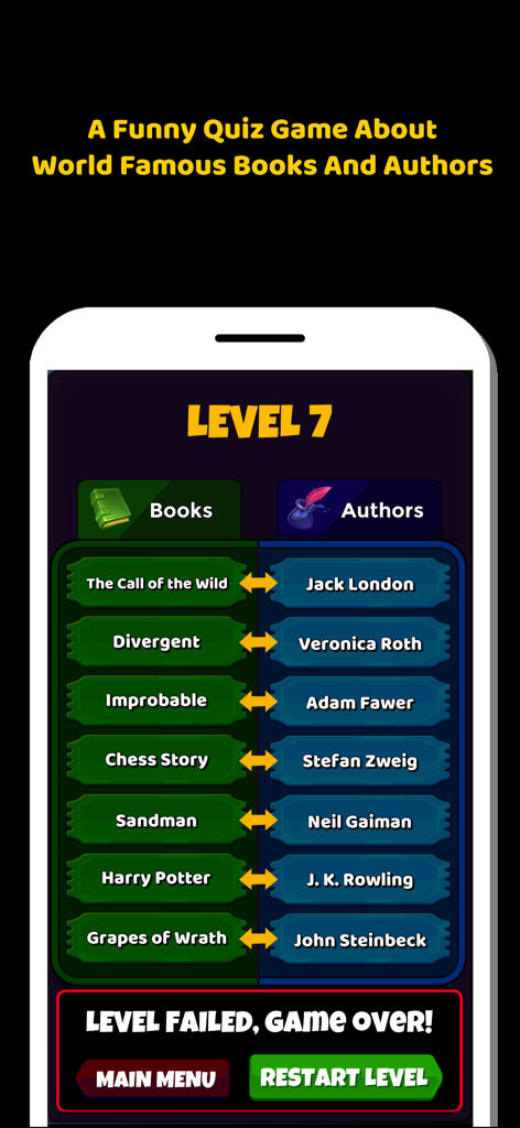 책과 작가 매칭 퀴즈의 7단계인 책과 문학 퀴즈 게임의 모바일 게임 인터페이스.