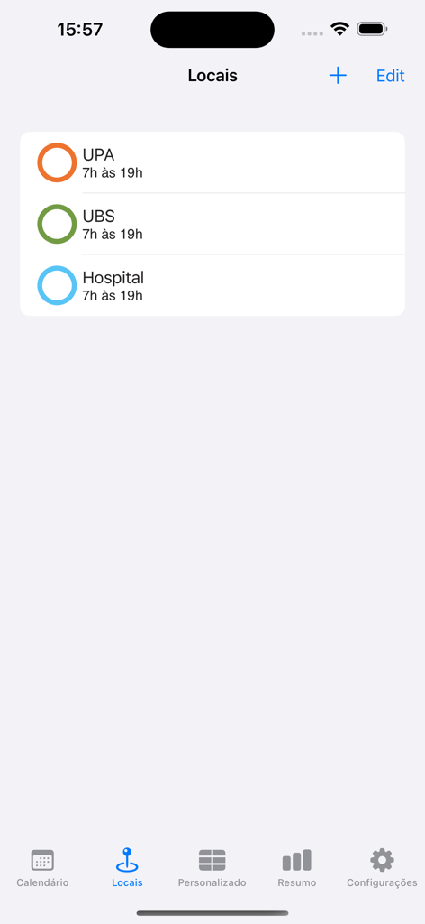 Plantão Fácil - A tela de locais do aplicativo Plantão Fácil mostrando uma lista de locais de trabalho na área da saúde e seus respectivos horários de plantão.