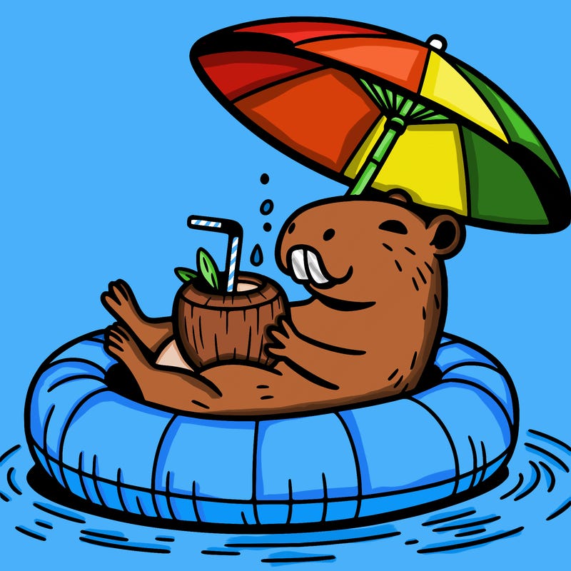 capybara on a pool float drinking coconut milk with an umbrella
