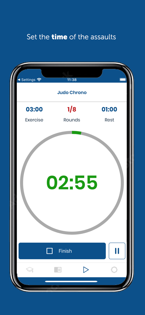 Judo Timer Gokyo - Interface of the Judo Timer Gokyo app showing a countdown timer for judo training rounds and exercise intervals.
