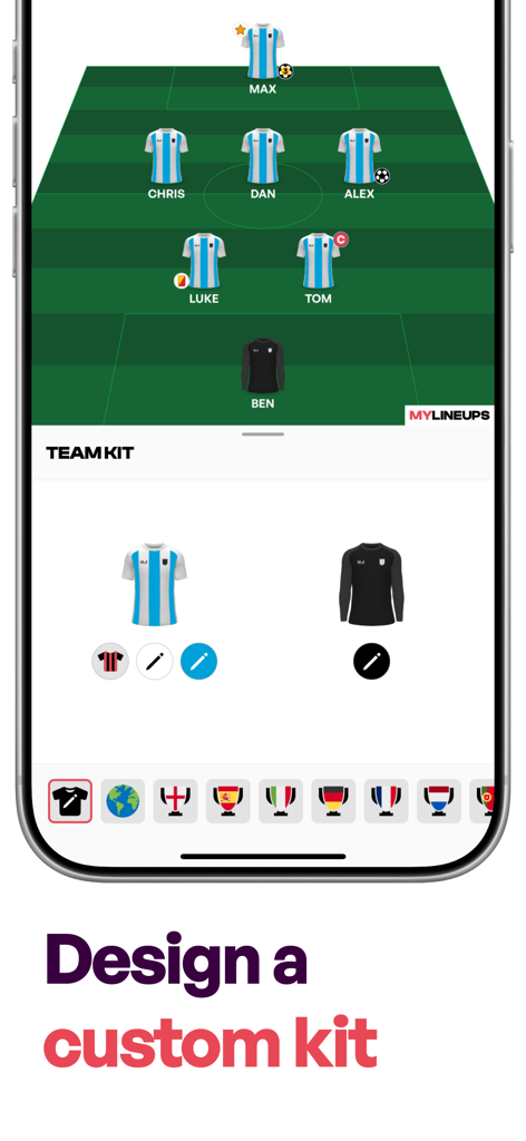 Interface de aplicativo de futebol para projetar uniformes e camisas de time personalizados