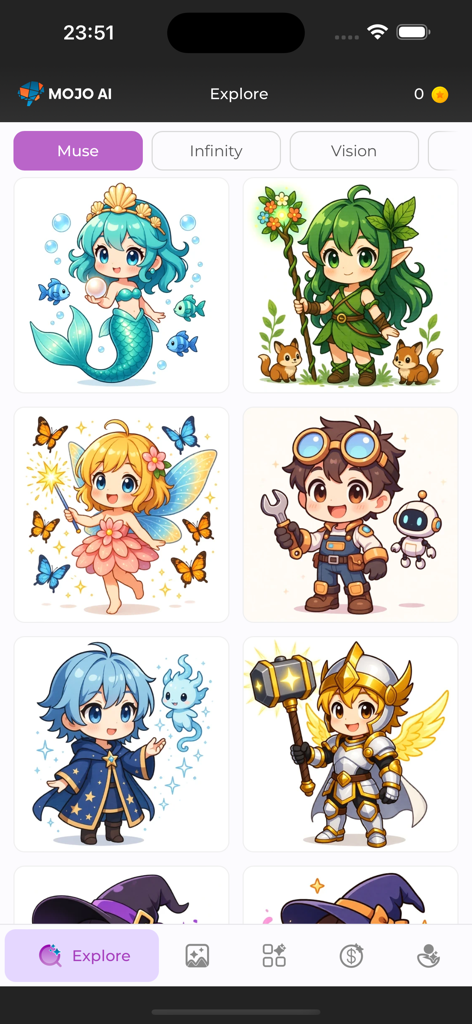 MOJO AI - A collection of cute chibi anime characters including a mermaid, elf, and knight generated in the Mojo AI app