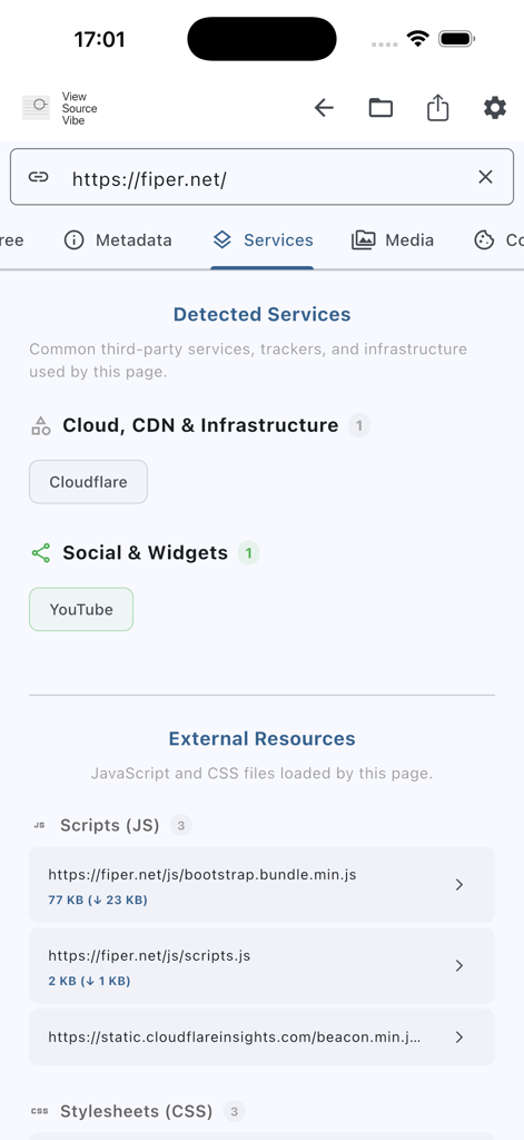 View Source Vibe - La aplicación móvil View Source Vibe mostrando servicios web detectados y scripts externos de un sitio web.