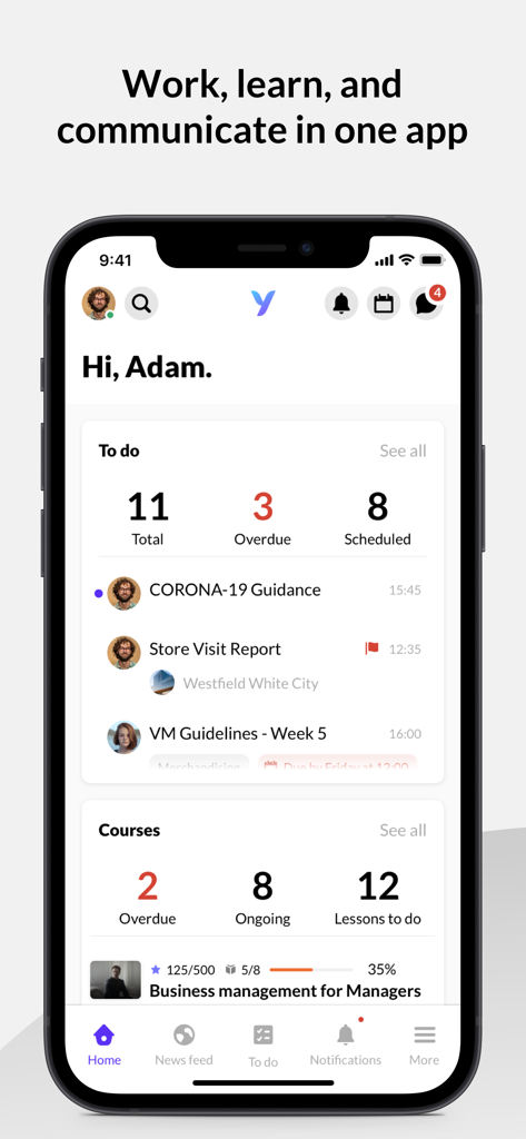 YOOBIC ONE - YOOBIC ONE mobile app home screen showing task management and employee learning courses.
