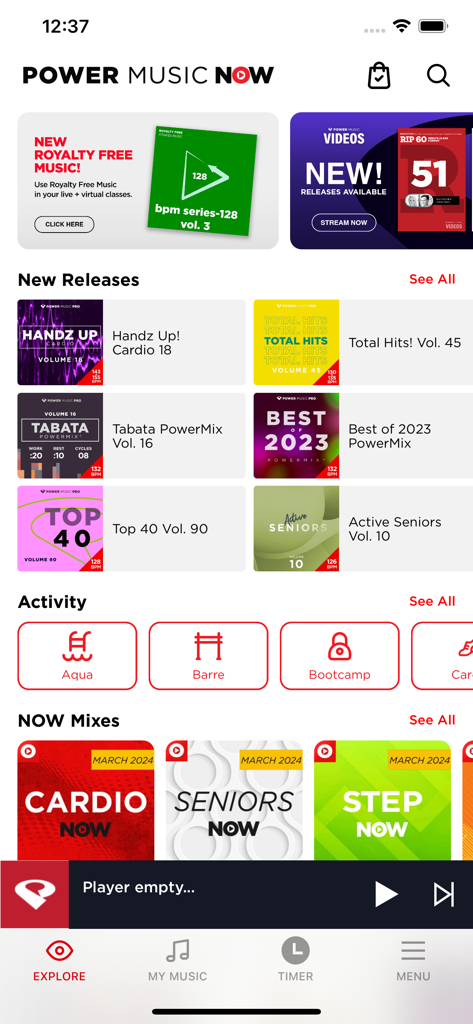 PowerMusicNow - PowerMusicNow explore screen featuring royalty free fitness music albums and workout activity categories