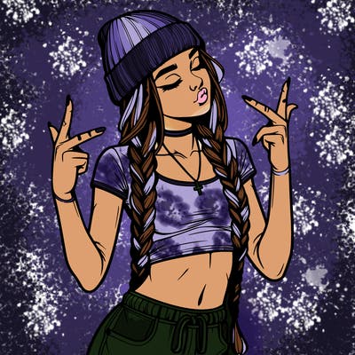 realistic teenage girl with braids and a beanie and crop top doing 🫶🏼